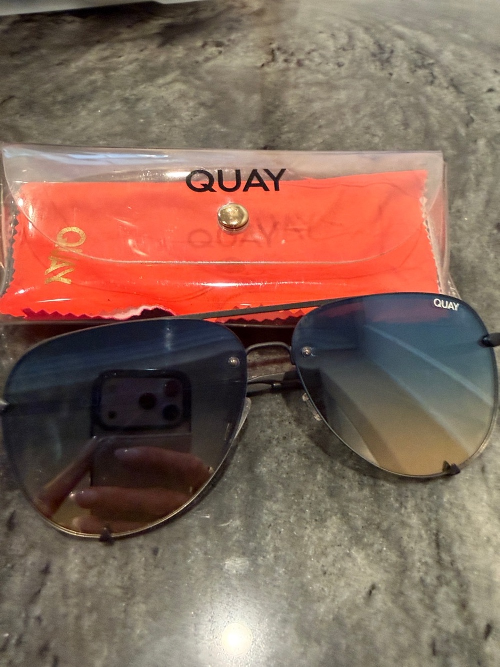 Quay Australia Aviator Sunglasses with Blue Gradient Lenses and case